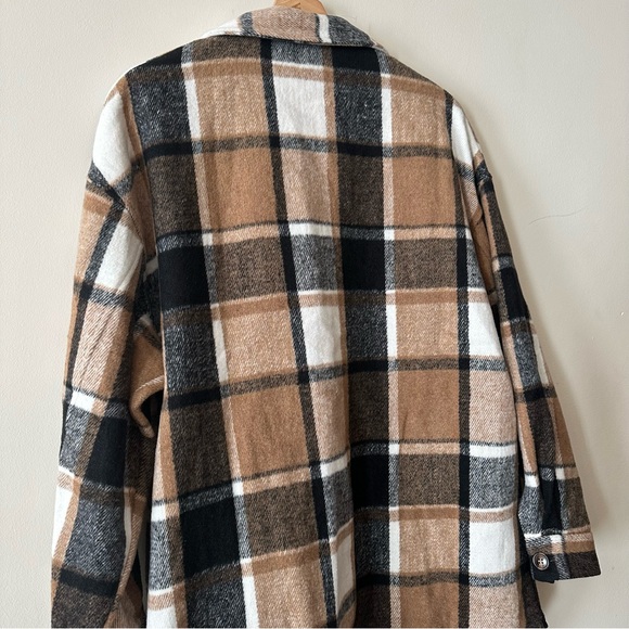 Calista Plaid Wool Blend Flannel Tan Mid Length Button Up Shirt Jacket Shacket - Picture 9 of 9